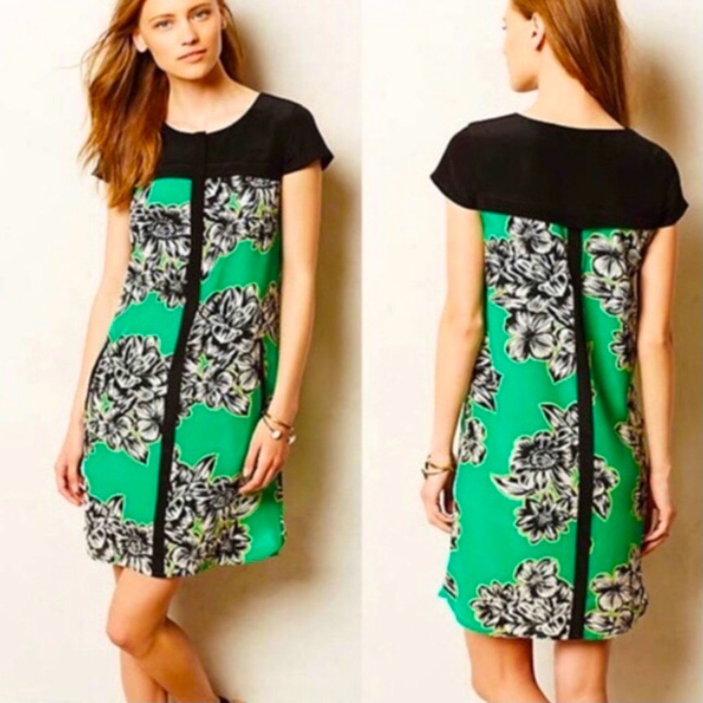 Anthropologie Maeve Ayame Floral Silk Shift Dress in Green & Black